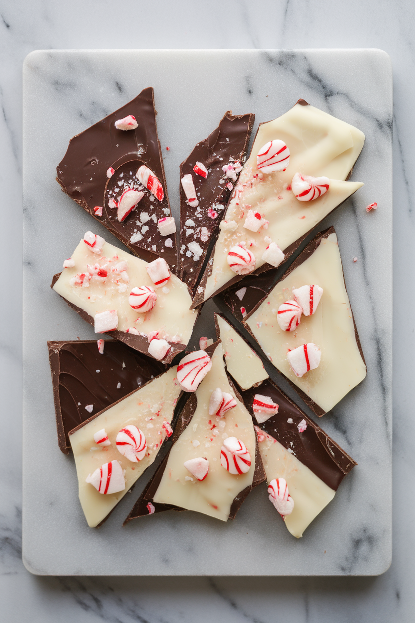 Photo of an indoor marble slab topped with broken shards of dark and white chocolate peppermint bark, crushed candy canes sprinkled on top. No text or logos present.