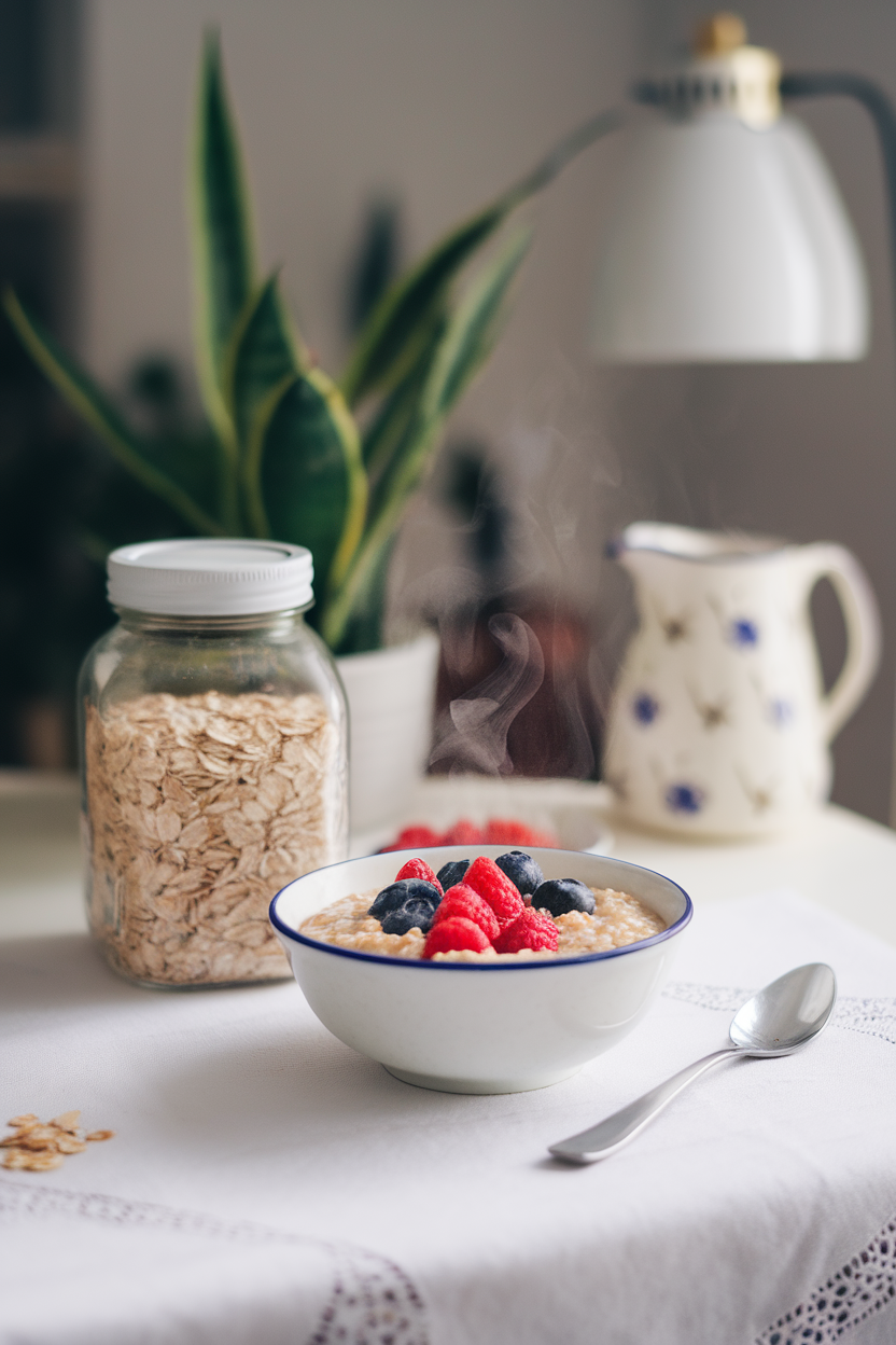 An indoor breakfast table featuring a jar of rolled oats beside a bowl of steaming oatmeal topped with berries, no text or logos.