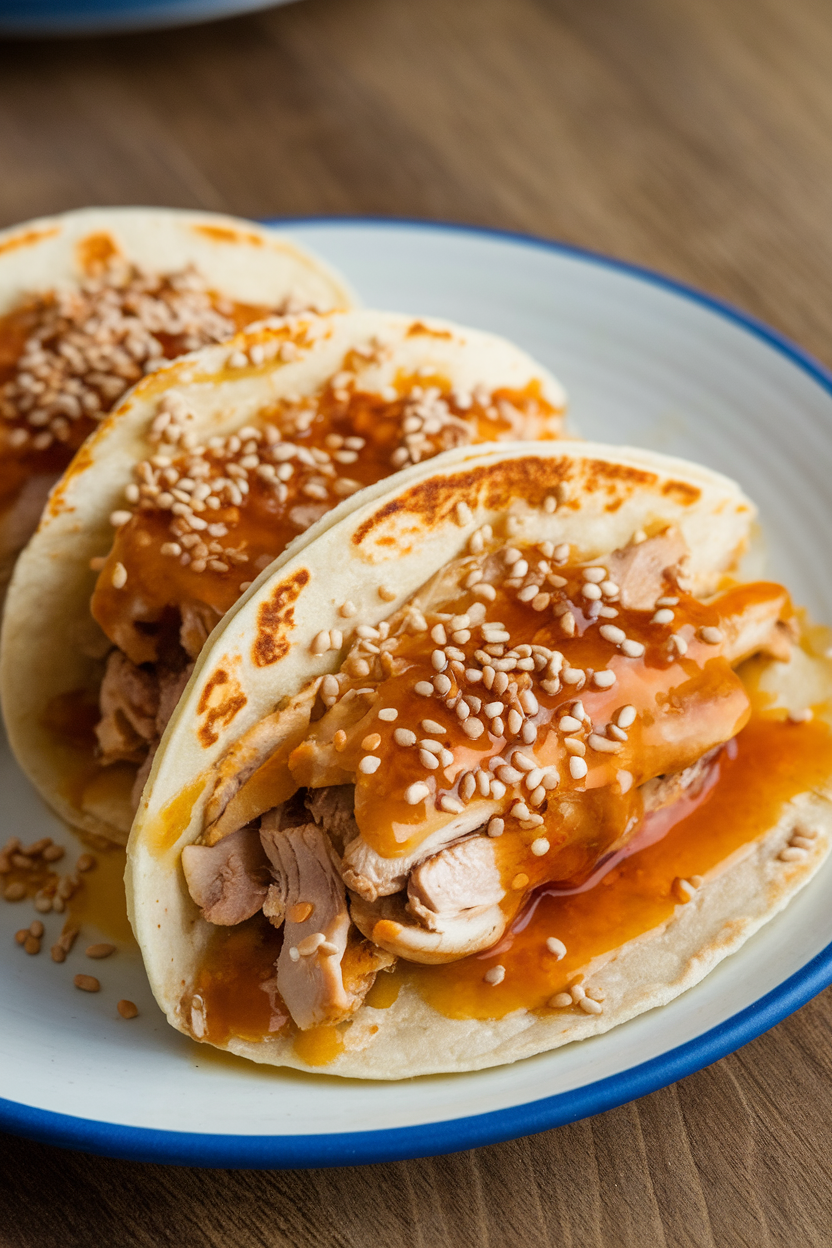 An indoor shot of tortillas filled with shredded chicken in orange-ginger glaze, topped with sesame seeds and light sauce, no logos.