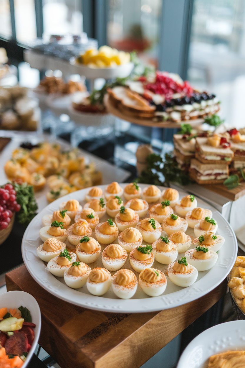 Indoor buffet scene with a white platter of deviled eggs dusted with smoked paprika, parsley garnish. No text or logos.