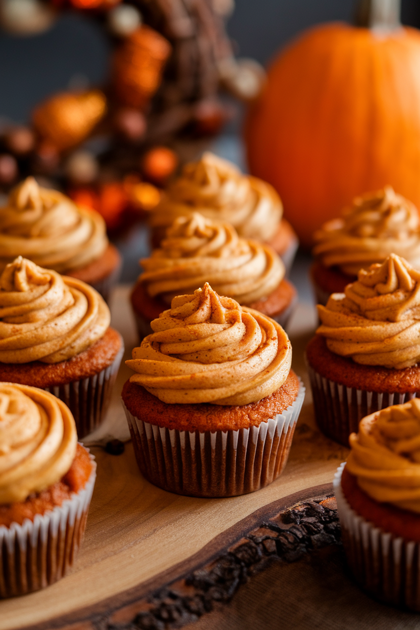 Indoor shot of frosted pumpkin cupcakes topped with a dusting of spice, no text or logos.