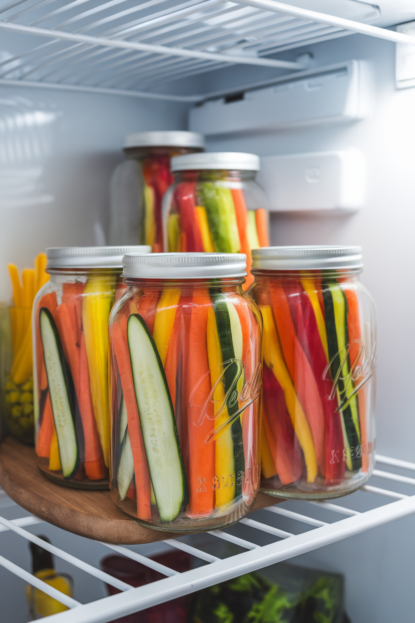 An indoor fridge shelf view of clear glass jars filled with colorful carrot sticks, cucumber spears, and bell-pepper strips, no text or logos in sight.