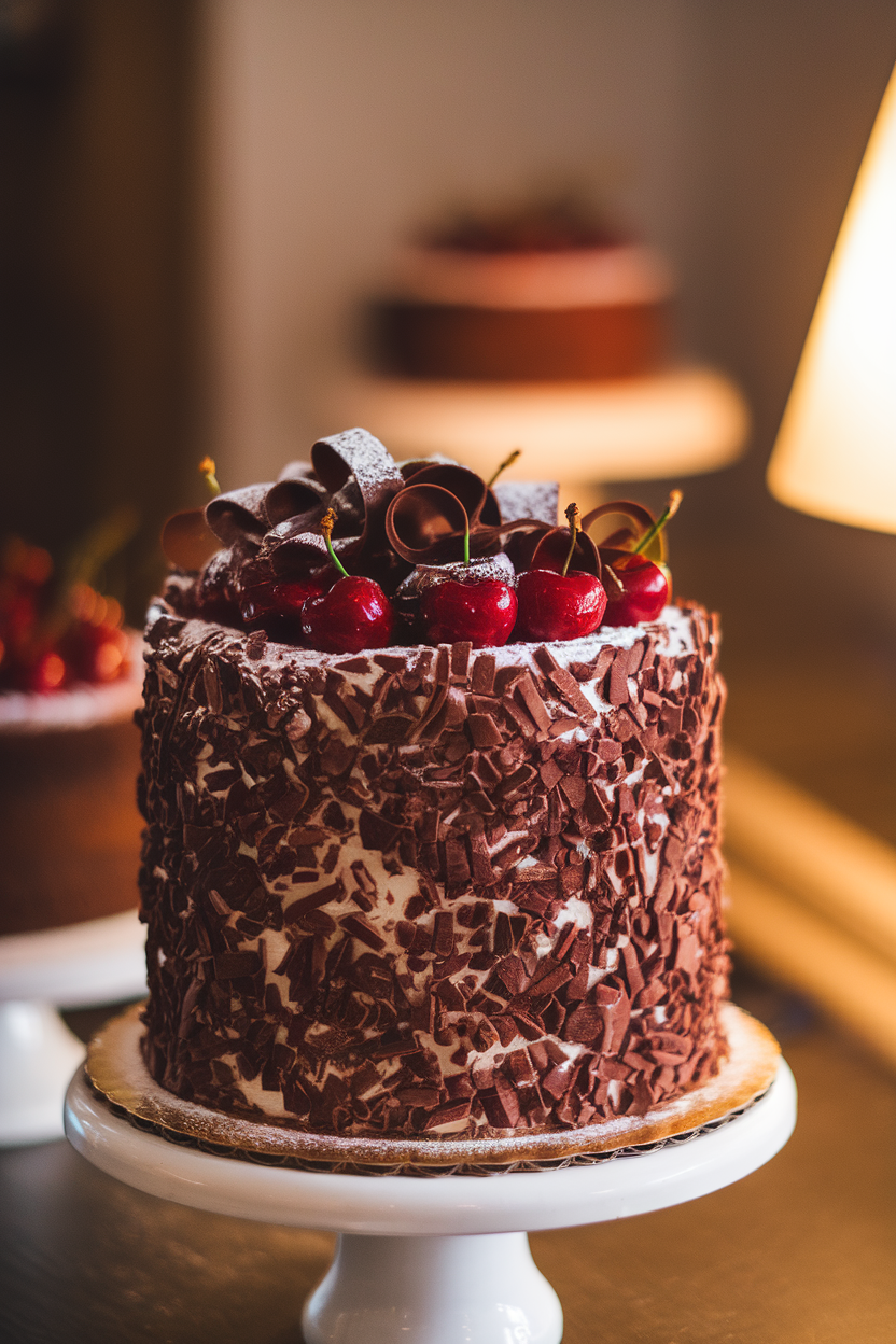 Tall chocolate-cherry cake indoors topped with chocolate curls and glistening Amarena cherries, dusted lightly with powdered sugar. Warm ambient light; photo only.