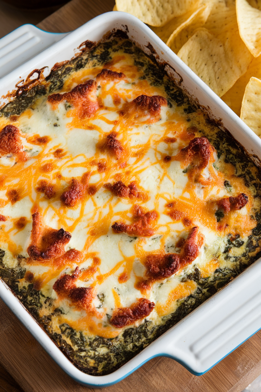 A square baking dish indoors with bubbling spinach artichoke dip topped with melted mozzarella, edges browned. No text or logos. Photo.