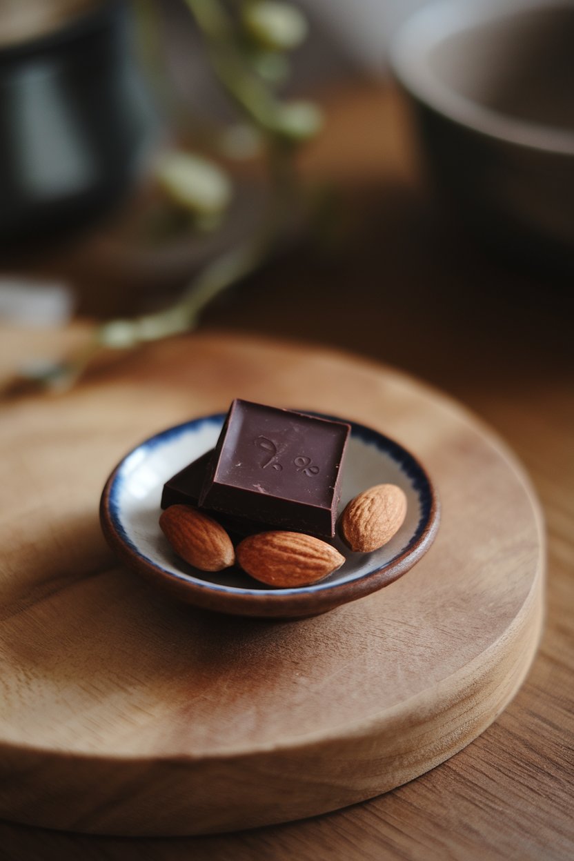 An indoor scene featuring a small saucer with two squares of 70% dark chocolate next to whole roasted almonds. No text or logos. Photo.