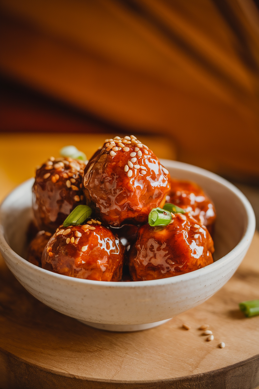 Photo of an indoor bowl of glossy, gochujang-glazed meatballs garnished with sesame seeds and scallions; warm lighting, no text or logos