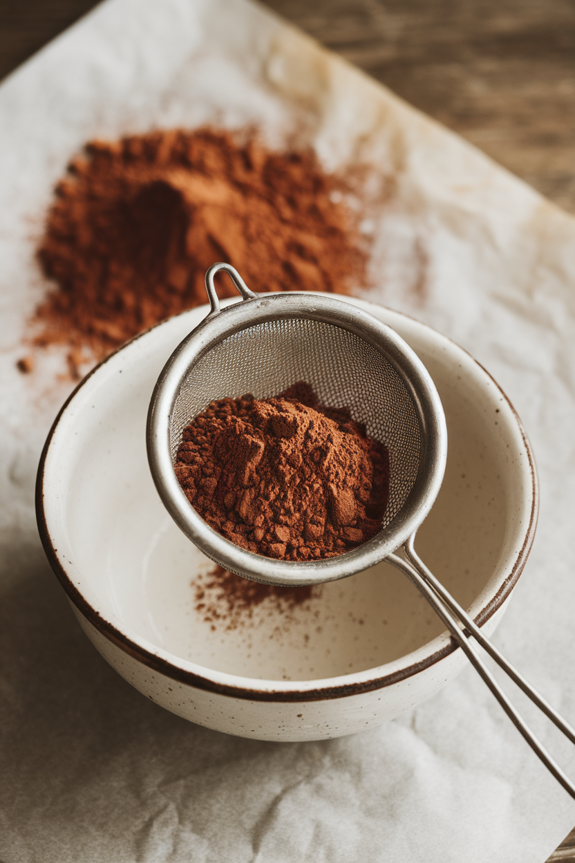Indoor photo of deep brown cocoa powder sifted over parchment with a small sieve; no text or logos
