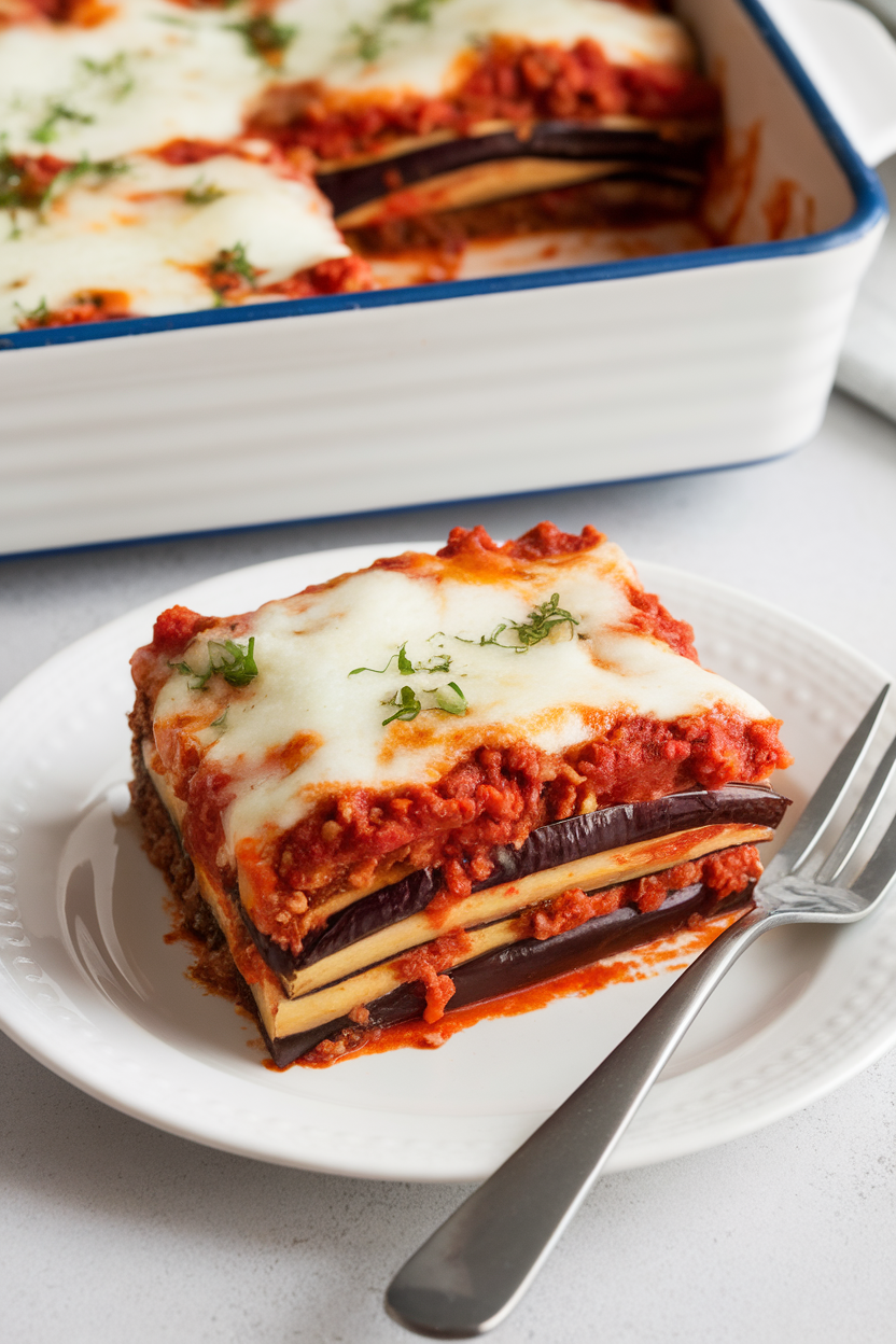 Indoor casserole slice showing layers of roasted eggplant, meat sauce, and melted mozzarella on a plate. No text or logos. Photo, not illustration.