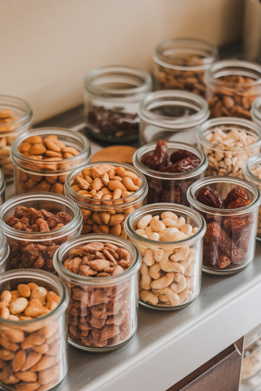 Indoor kitchen counter with portioned nuts and dried fruit in mini glass jars—photo, no text or logos.