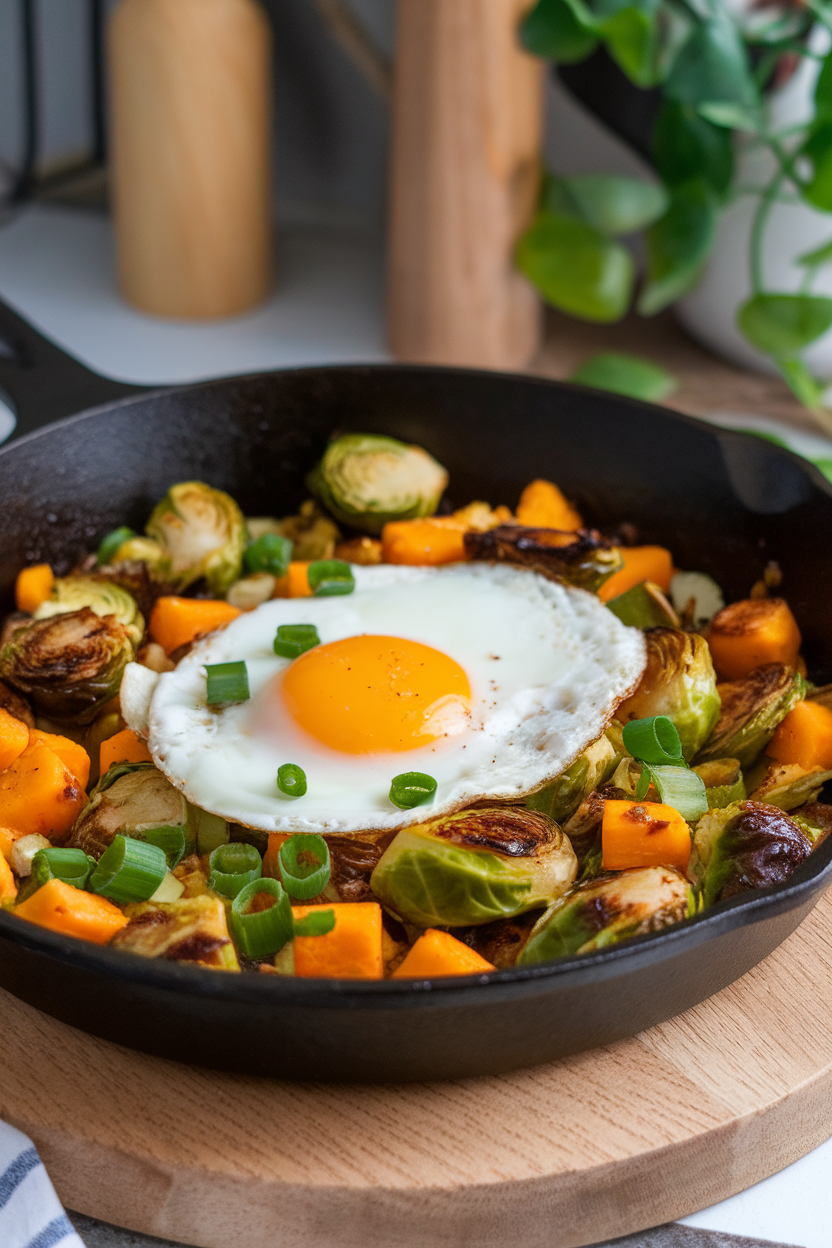Photo of a skillet hash featuring caramelized Brussels sprouts and butternut squash cubes with a soft-cooked egg on top, indoor scene, no text or logos