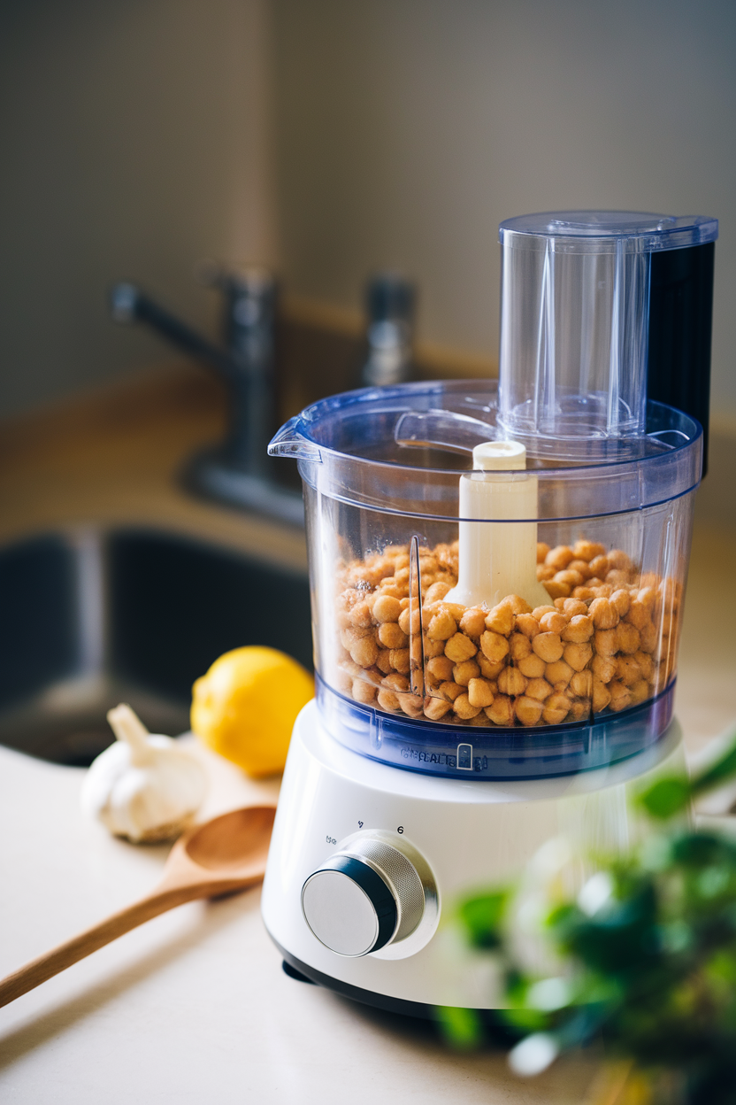 Indoor counter with a food processor bowl filled with chickpeas turning into hummus, soft natural light, no logos.