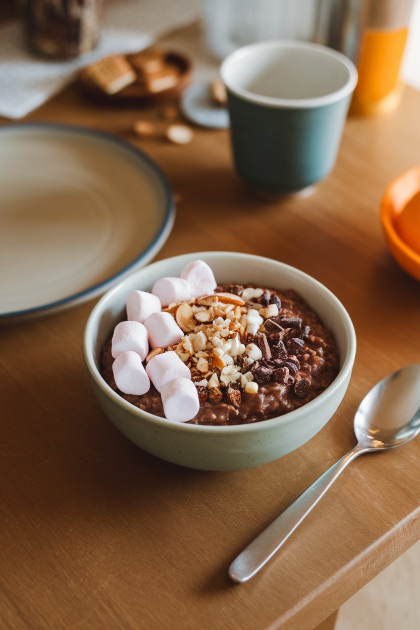 Indoor kid-friendly breakfast table with chocolate oatmeal topped with mini marshmallow halves, crushed almonds, and cacao nibs. No text or logos. Photo.