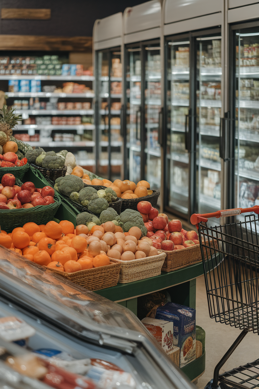 Photo prompt: An indoor grocery store scene showing fresh produce and refrigerated cases along the walls, shopper’s cart partially visible, no brand names.