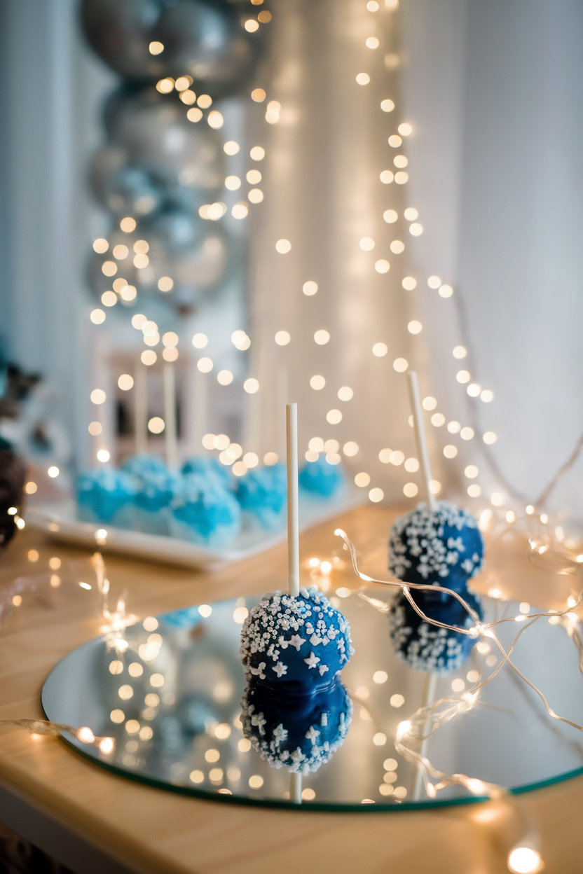 Photo, not illustration. Indoor party setup with fairy lights. Deep blue cake pops coated in cream-cheese candy melt, sprinkled with silver stars, displayed on a mirrored surface. No text or logos.