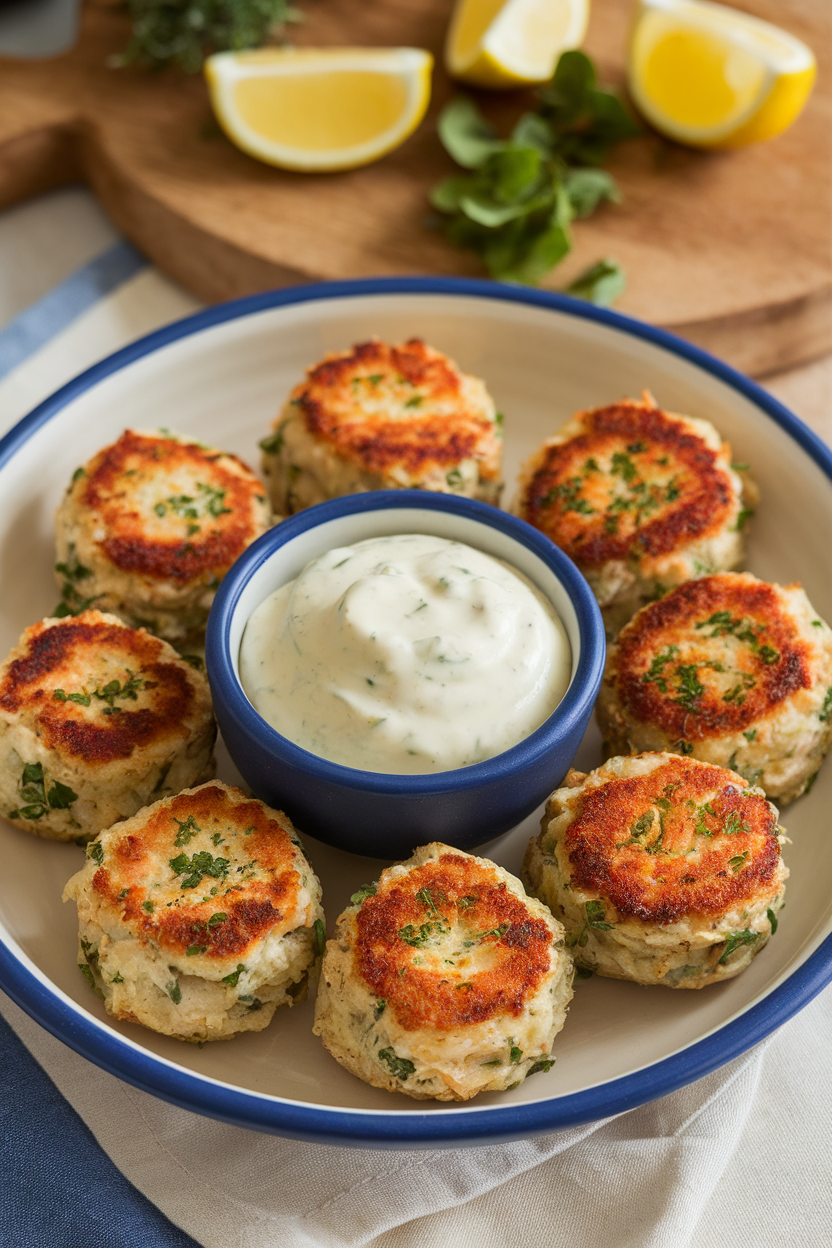 Photo of an indoor ceramic platter showcasing bite-sized crab cakes with golden crusts, a small bowl of remoulade in the center; no text or logos visible.