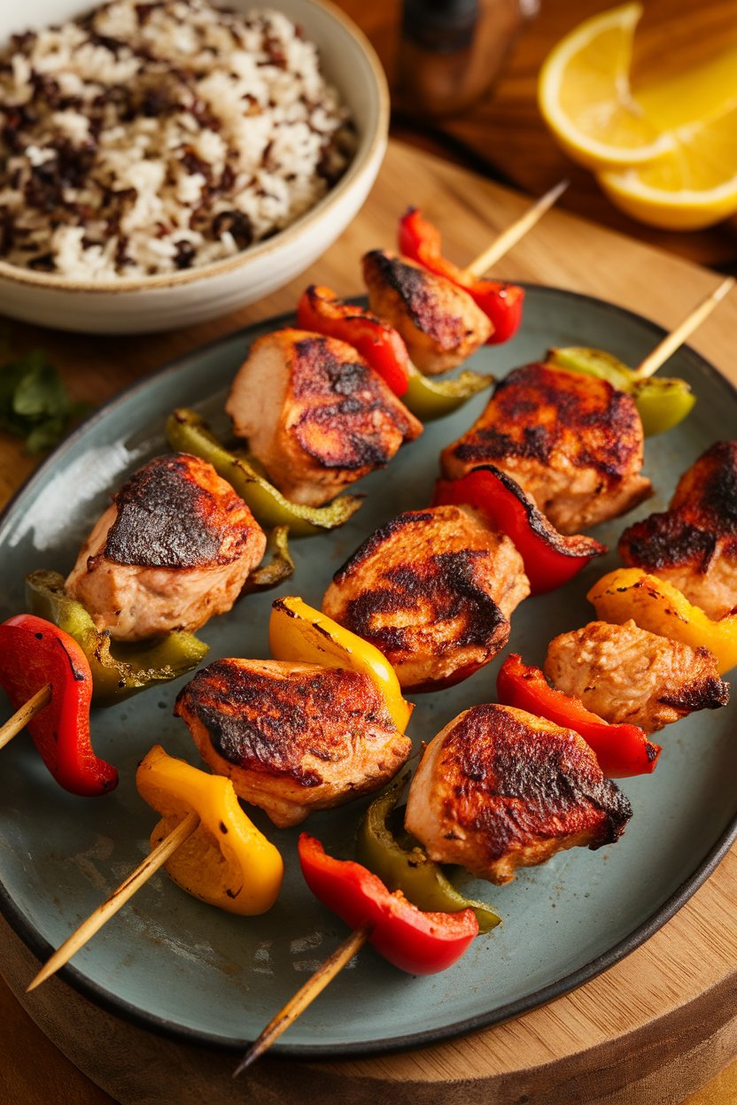 Indoor serving platter stacked with cooked chicken and bell pepper kabobs, wild rice in a bowl nearby. No visible text or logos.