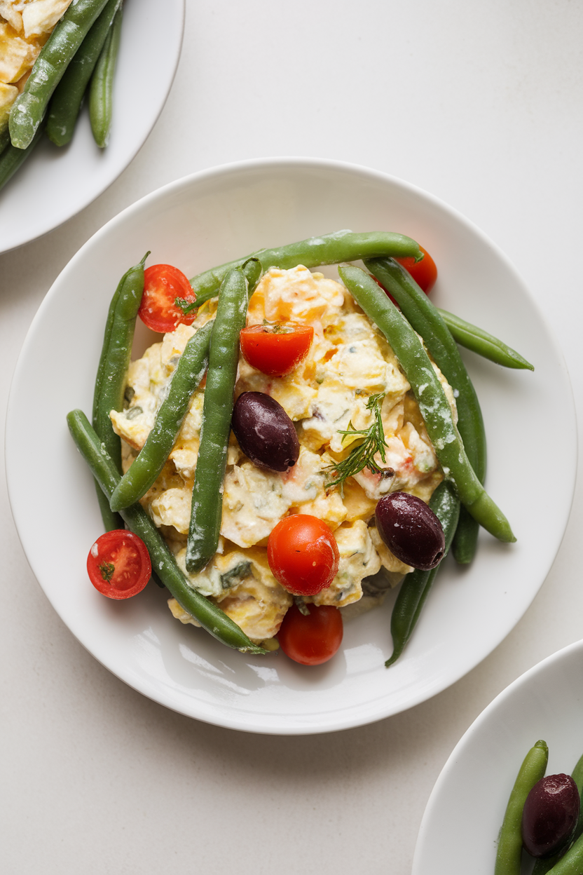 Indoor plate of egg salad with green beans, olives, and cherry tomatoes, lightly dressed, no text or logos.