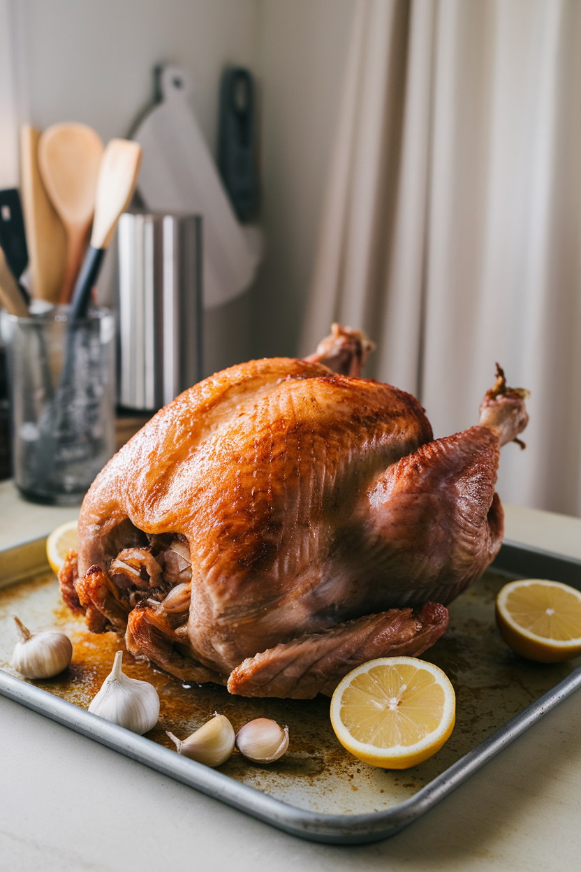 Indoor photo of a flattened, fully cooked spatchcocked turkey on a rimmed sheet pan, garlic cloves and lemon halves visible, no text or logos.