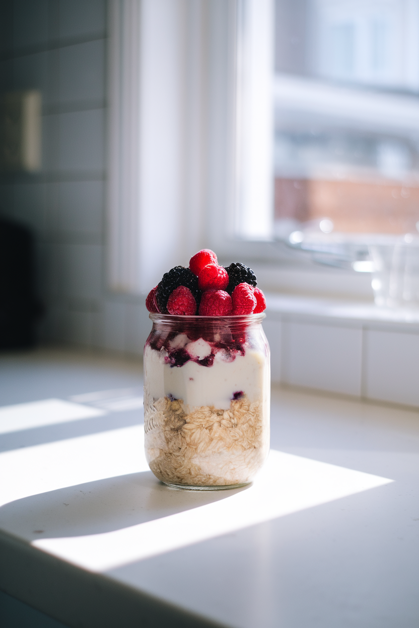 A bright indoor countertop scene showing a glass jar layered with soaked oats, almond milk, and a colorful crown of mixed berries; soft morning light coming through a kitchen window. No text or logos anywhere in the photo.