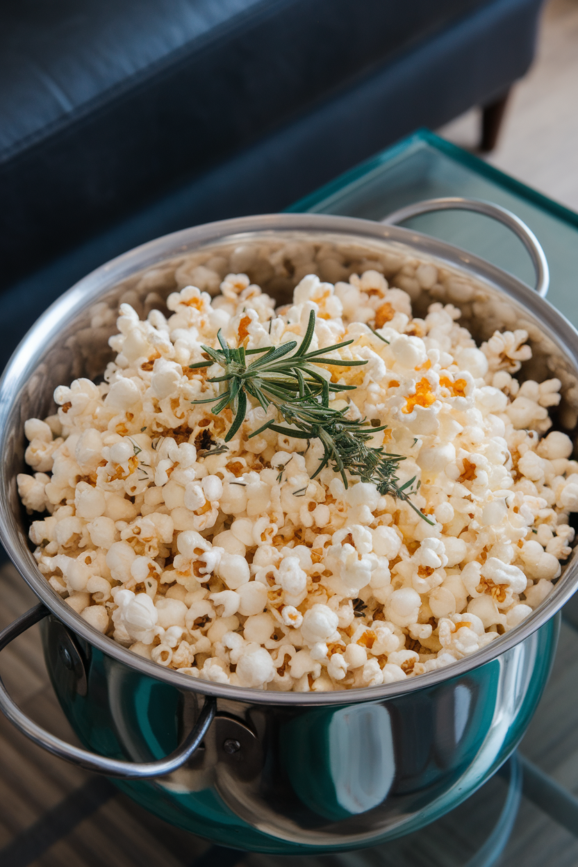 Indoor photo of a metal bowl of air-popped popcorn sprinkled with finely chopped rosemary and thyme, placed on a coffee table. No branding or text.