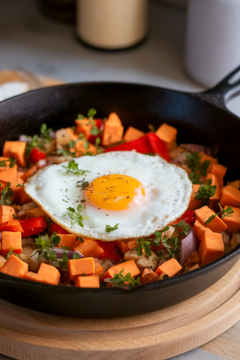 Photo of an indoor cast-iron skillet brimming with diced sweet potatoes, red bell pepper, onion, and herbs, a fried egg perched on top. No text or logos visible.