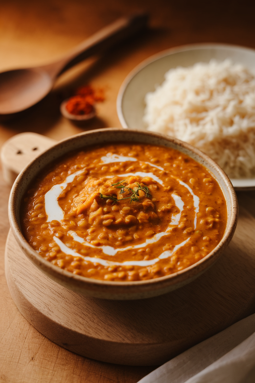 A warm indoor shot of a shallow bowl filled with golden lentil curry, coconut milk swirls on top, served with basmati rice on the side. No text or logos present.
