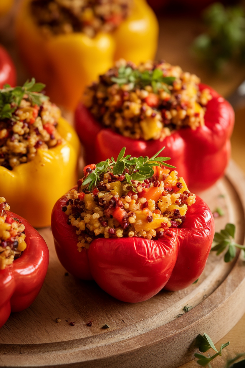 A close-up of roasted red and yellow bell peppers stuffed with colorful quinoa and vegetable mixture, melted cheese lightly browned on top, shot indoors. No logos or text. Photo, not illustration.