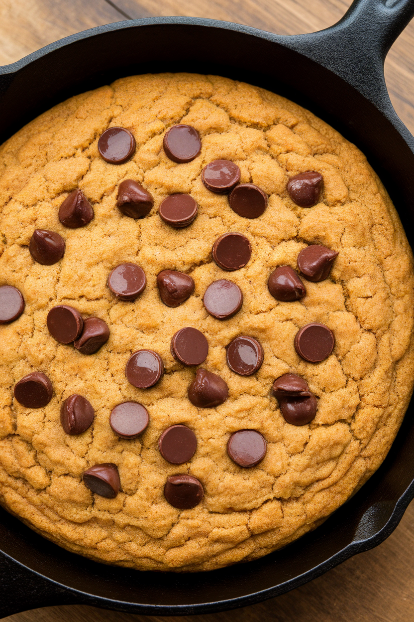 An indoor cast-iron skillet filled with a large pumpkin-spiced oatmeal cookie, chocolate chips melted on top—no text or logos; photo, not illustration