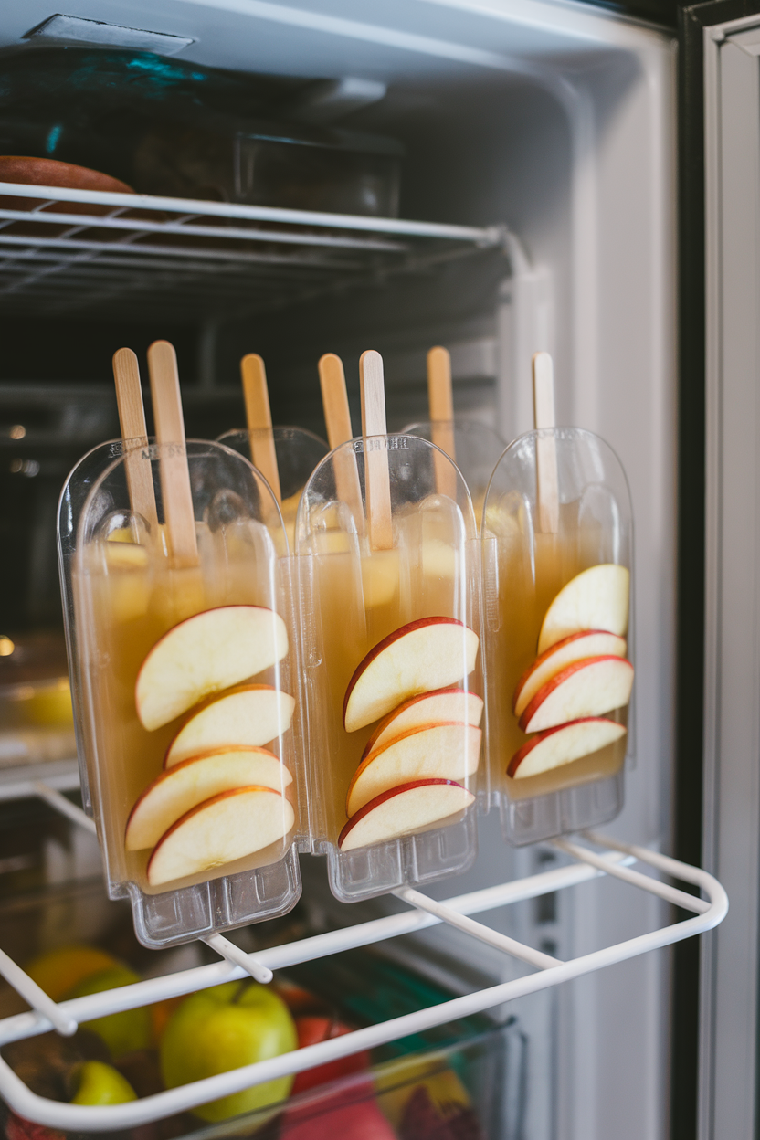 An indoor freezer door open to reveal clear molds of apple cider ice pops with thin apple slices frozen inside. Photo, no text or logos.