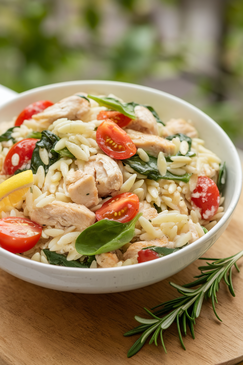 An indoor serving bowl of chilled orzo mixed with diced chicken, spinach, cherry tomatoes, and a garlic-lemon dressing. No text or logos. Photo only.