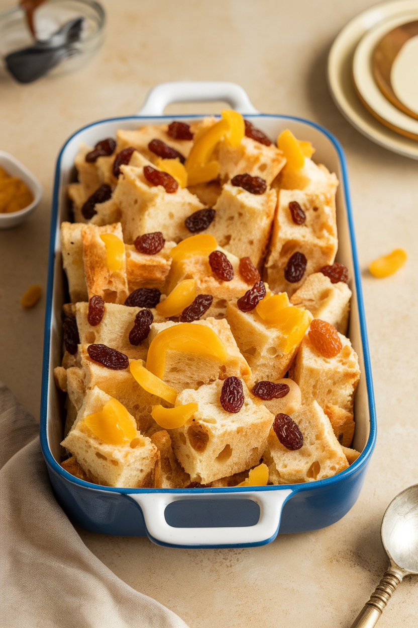 A casserole dish indoors featuring cubes of panettone baked in custard, raisins and candied peel visible on top. No text or logos. Photo, not illustration.
