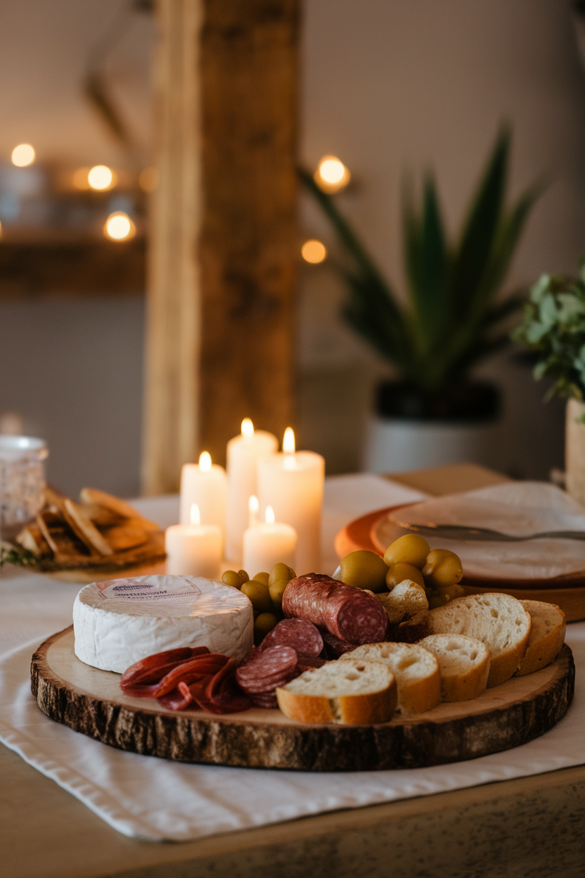 Photo of an indoor dining table softly lit with candles, showcasing a wooden board topped with Brie, Comté, saucisson sec, cornichons, and baguette slices; no text or logos anywhere in the scene.
