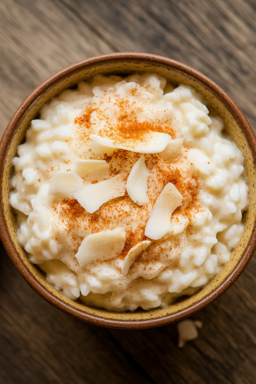 An indoor ceramic bowl of creamy rice pudding topped with a pumpkin-spice sprinkle and toasted coconut flakes—no text or logos; photo, not illustration