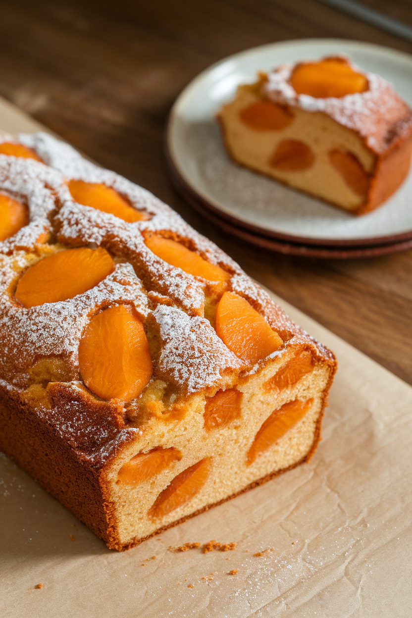 Indoor photo of a loaf cake studded with persimmon pieces, dusted with powdered sugar, slice on plate nearby, no text or logos