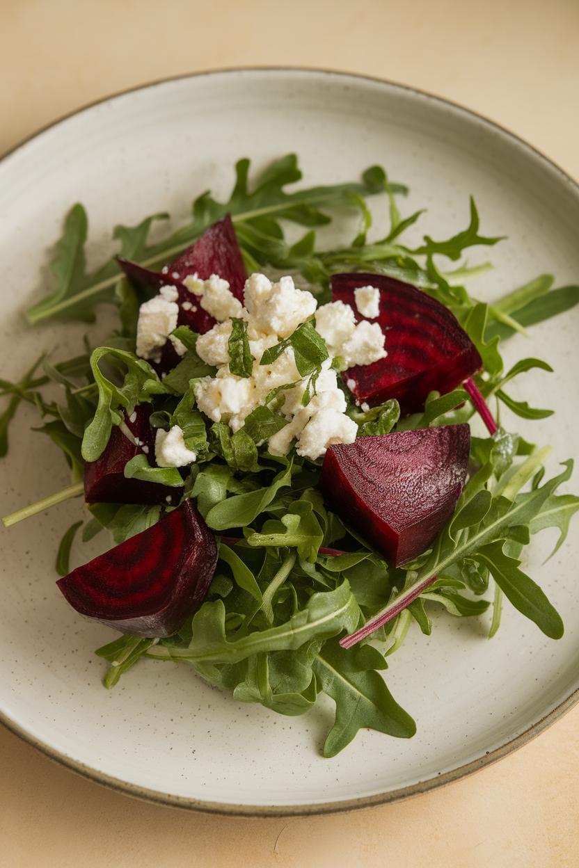 Photo of a salad showing arugula leaves, red beet wedges, and crumbled goat cheese on an indoor plate. No text or logos.