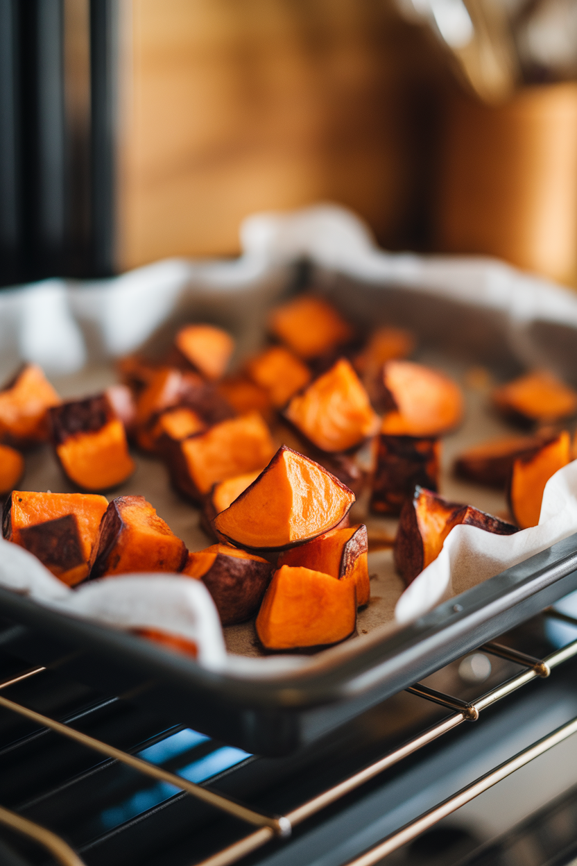 A warmly lit indoor oven tray lined with parchment, featuring roasted sweet potato cubes showing caramelized edges, no text or logos.