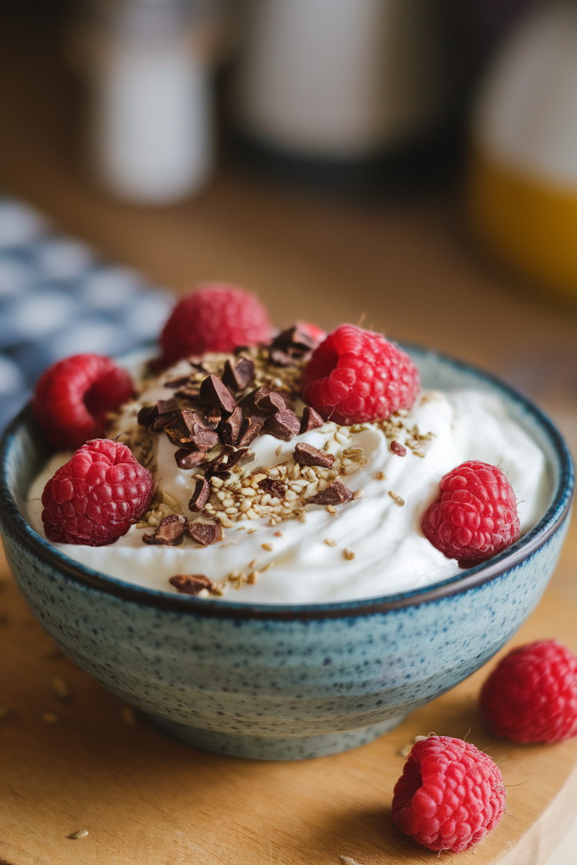 Indoor bowl photo of thick yogurt sprinkled with cacao nibs, raspberries, and hemp seeds, no text or logos.