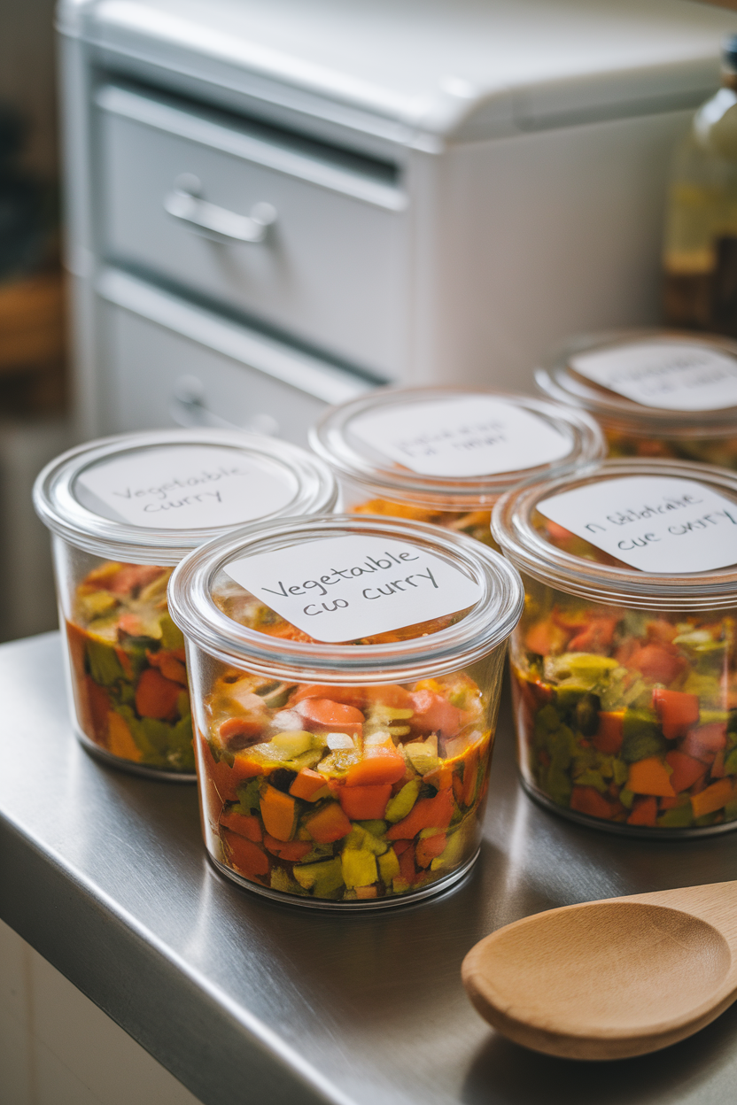 Photo of labeled glass containers of vegetable curry cooling before going into an indoor freezer drawer. No text or logos on labels.