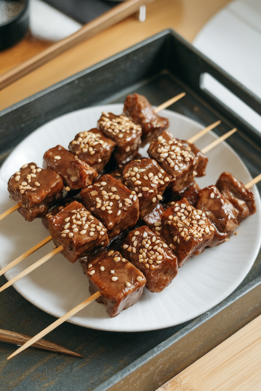 Photo of an indoor serving tray with small wooden skewers of glossy teriyaki beef cubes sprinkled with sesame seeds; no text or logos.