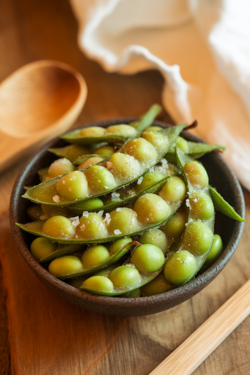 An indoor bowl of steamed, lightly salted shelled edamame with steam still rising, no text or logos.