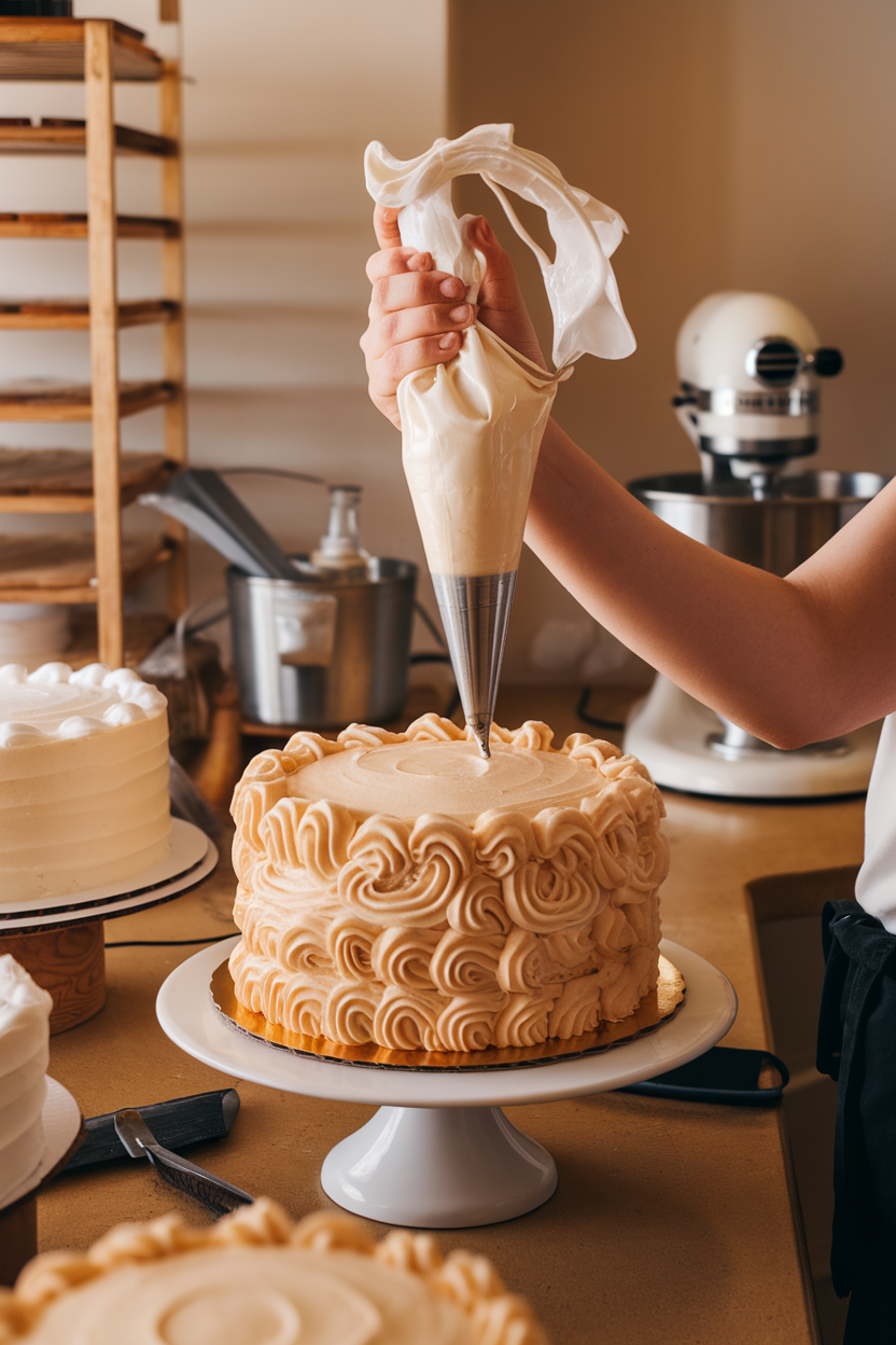 Indoor bakery scene with a piping bag filled with glossy Swiss meringue, ruffles being applied to a cake, no text or logos