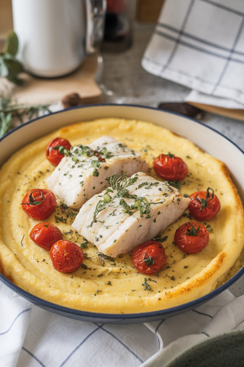 Indoor kitchen counter with a shallow dish of creamy corn polenta topped with herbed cod fillets and blistered cherry tomatoes, golden edges visible. No text or logos.