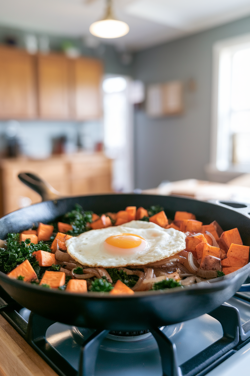 A cast-iron skillet on an indoor stove brimming with diced roasted sweet potatoes, sautéed kale, and caramelized onions, a fried egg on top. No text or logos. Photo, not illustration.