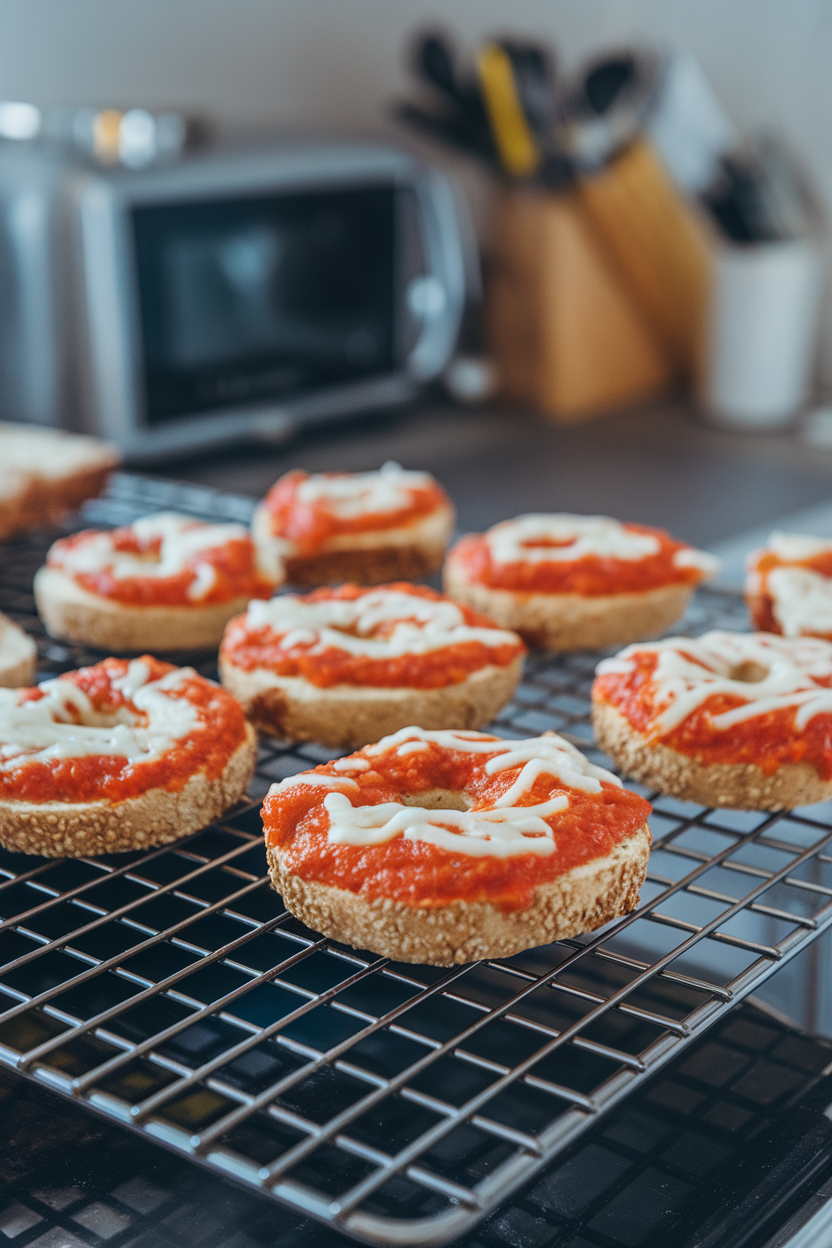 An indoor counter scene with mini whole-wheat bagel halves topped with tomato sauce and melted cheese, cooling on a wire rack. No text or logos.