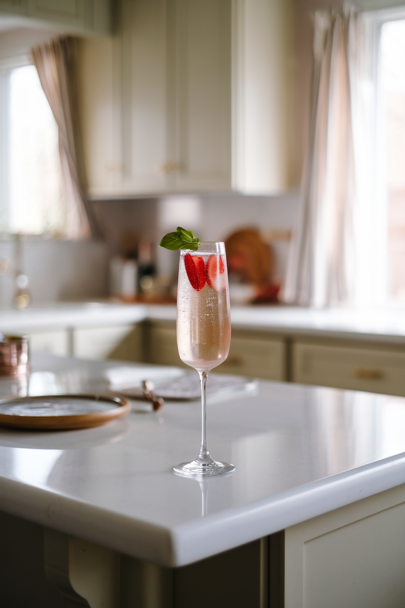 A softly lit indoor kitchen island showing a flute of light pink Champagne with a sliced strawberry and a basil leaf floating. Photo, not illustration. No text or logos.