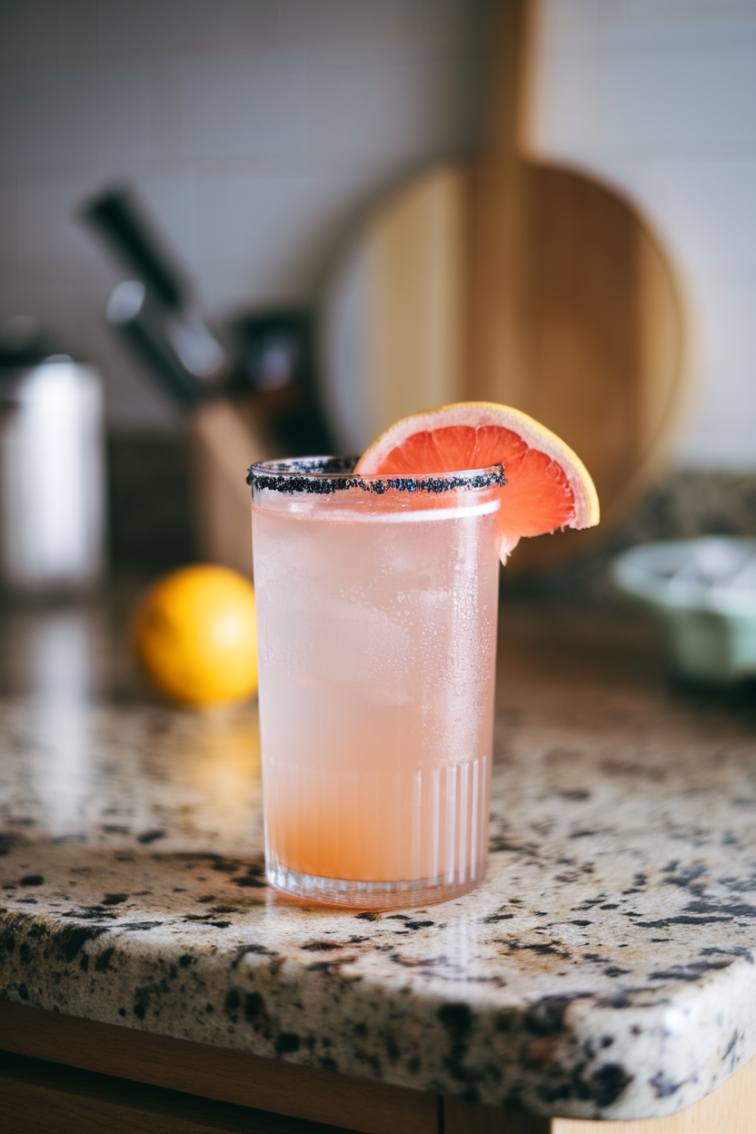 Indoor granite countertop with a highball glass of pale pink grapefruit cooler, rim coated in black lava salt, grapefruit wedge attached. Photo, no text or logos.