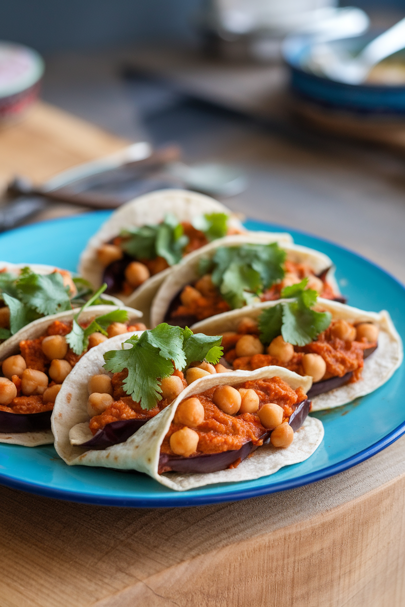 Indoor image of tortillas filled with smoked eggplant purée and chickpeas, topped with mild red sauce, no text or logos.