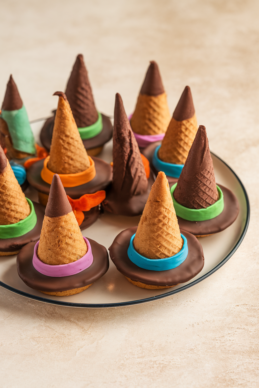 Indoor close-up of upside-down chocolate-dipped sugar cones attached to round cookies, decorated with colored bands to resemble witch hats, no text or logos.