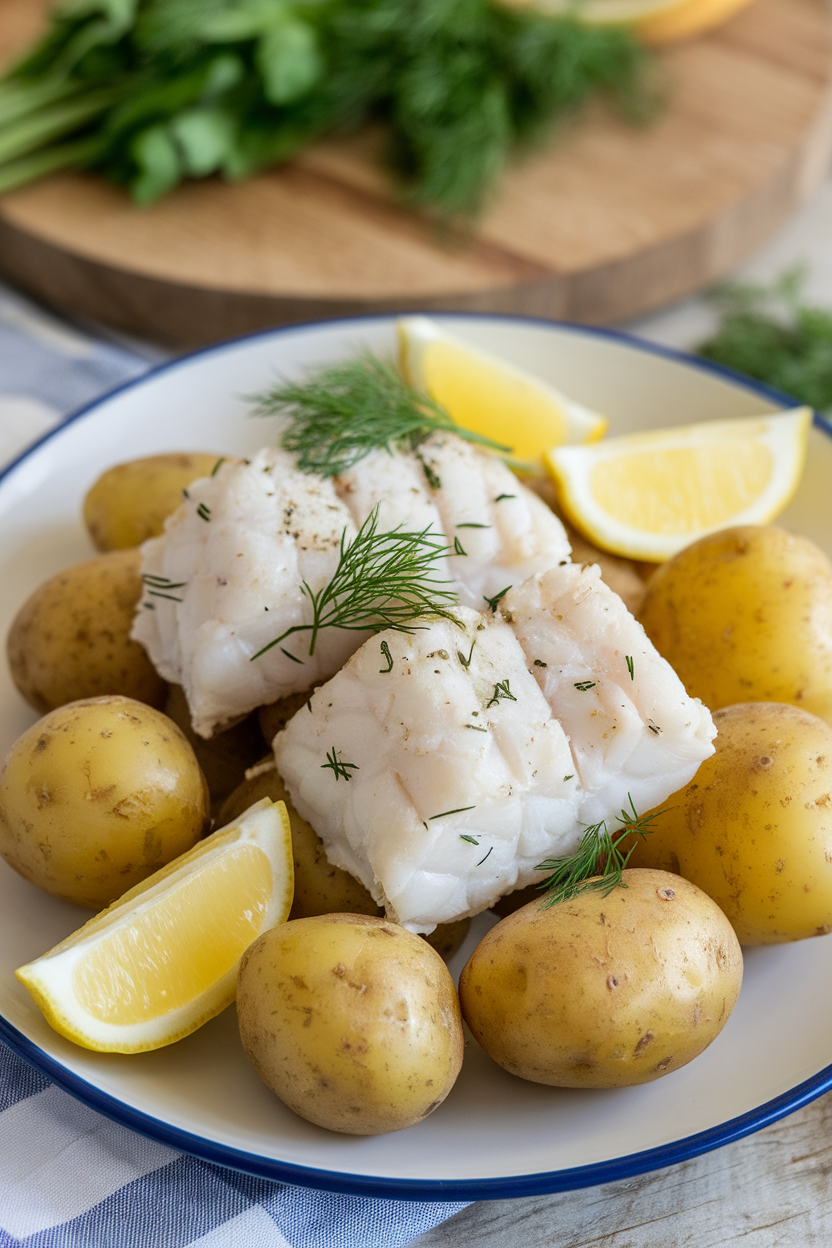 Indoor serving platter of flaky cod fillets atop baby potatoes, garnished with fresh dill and lemon wedges. No text or logos.