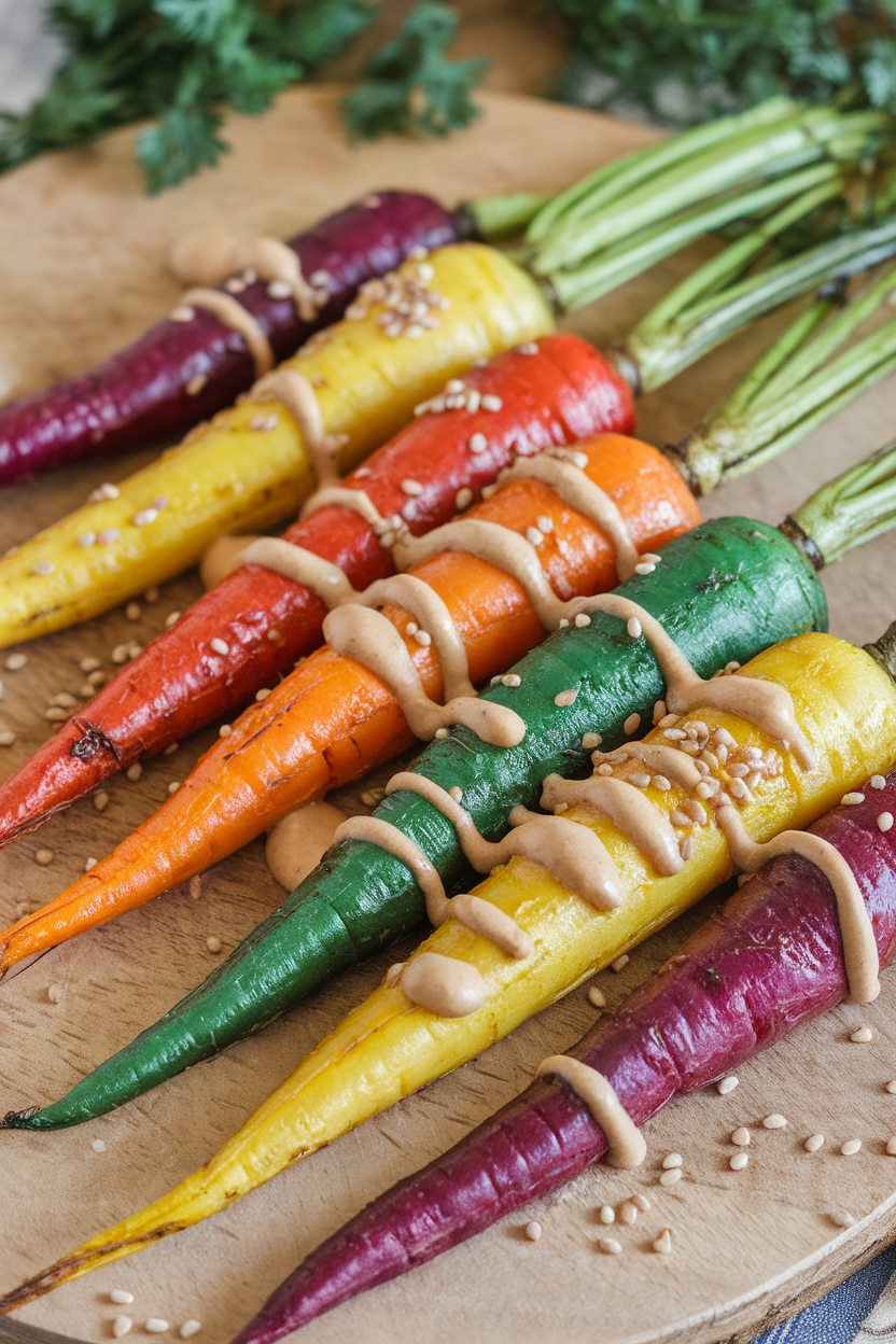 Indoor photo of rainbow carrots roasted whole and drizzled with creamy tahini sauce, sprinkled with sesame seeds. No text or logos.